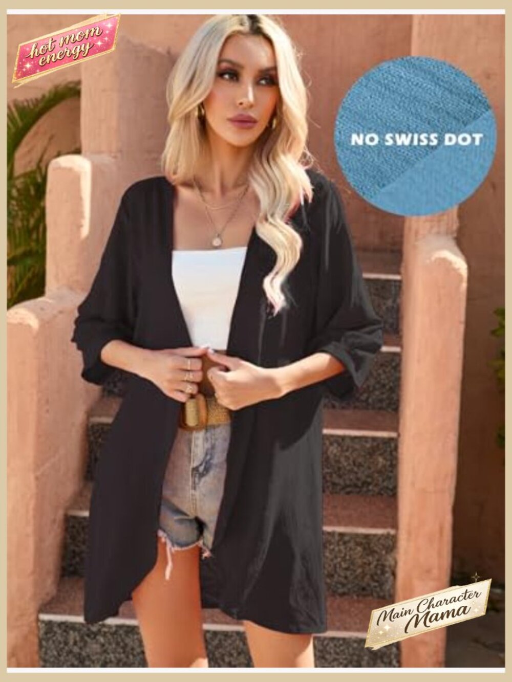 Lightweight Kimono Cardigan 3/4 Sleeve Summer Beach Cover Up Loose Fit - Picture 2 of 7